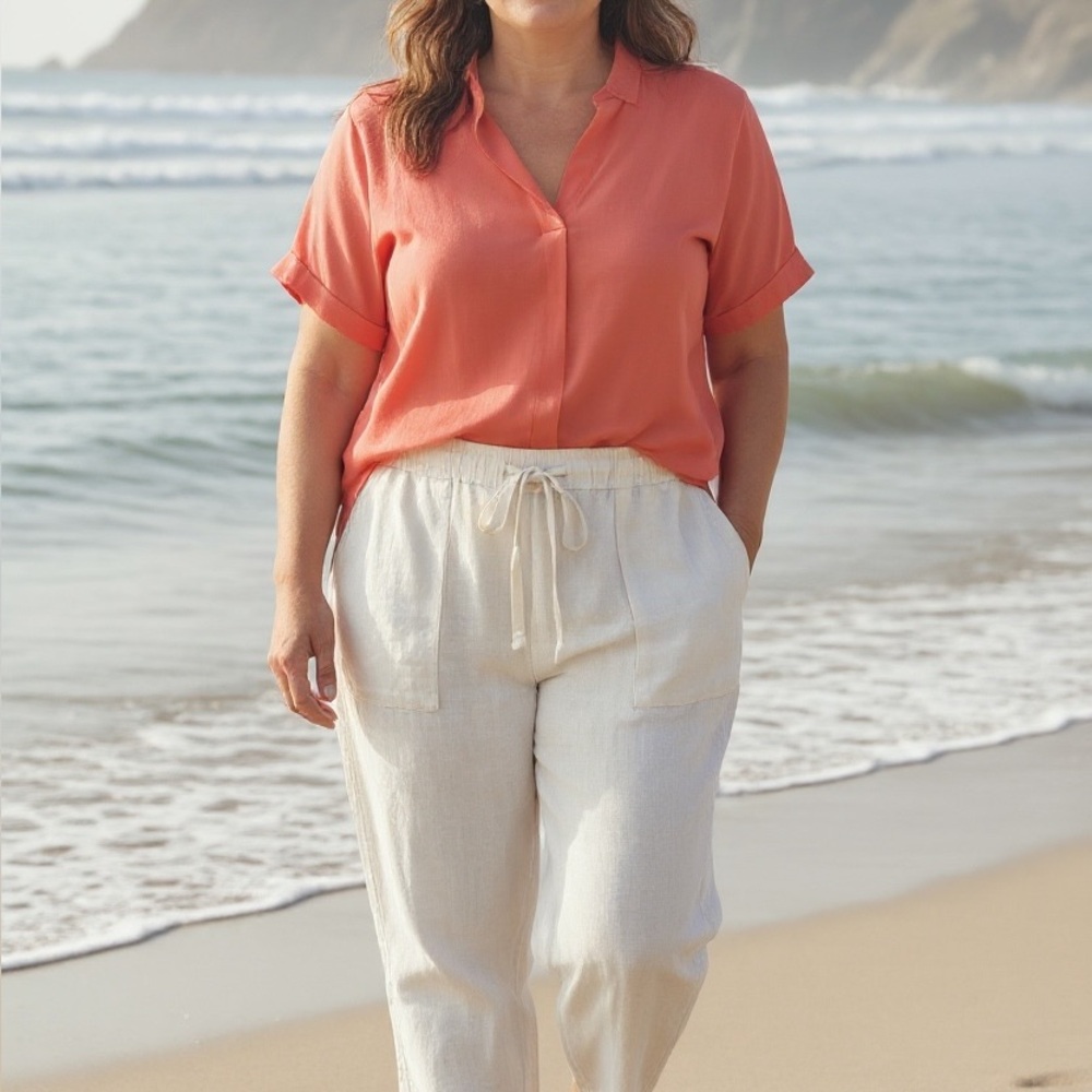 BOHIO XXL White Linen Blend Drawstring Casual Pants‎ Trousers Womens